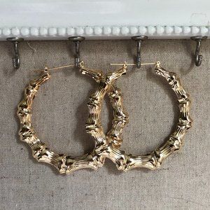 RETRO 1990s 8K Gold Bamboo 2" Round B Girl Hoops hoop Earrings Vintage Chic